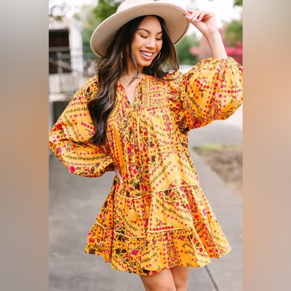 Olivaceous Ready For The Day Yellow Floral Flowy Long Sleeve Dress Small